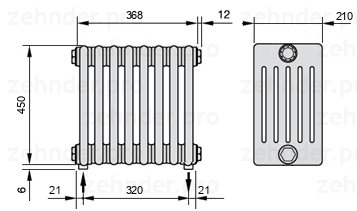 Схема (чертеж) Радиатор Zehnder Charleston 6045/8 №5310 Белый глянцевый RAL 9016